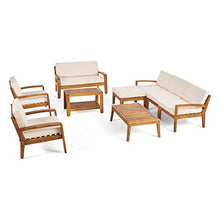 Load image into Gallery viewer, Great Deal Furniture Sally 7-Seater Sectional Sofa Set for Patio with Loveseat, Club Chairs, Ottoman, and Coffee Tables, Acacia Wood, Teak Finish with Beige Outdoor Cushions