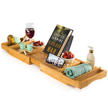 Load image into Gallery viewer, Luxury Bamboo Bathtub Tray Caddy - Expandable and Nonslip Bath Caddy with Book/Tablet and Wine Glass Holder - Great Gift Idea for Loved Ones