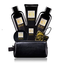 Load image into Gallery viewer, YARD HOUSE Bath and Body Spa Gifts Baskets Set for Men - Sandalwood & Amber – 7Pcs Men’s Spa Kit with Body wash, Bubble bath, Bath Salt, Body Lotion, Body Scrub, Loofah and Leather Toiletry Bag