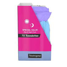 Load image into Gallery viewer, Neutrogena Day & Night Wipes with Makeup Remover Face Cleansing Towelettes & Night Calming Facial Cloths, Alcohol-Free Wipes to Remove Dirt, Oil & Waterproof Mascara, 3 Packs of 25 ct, 75 ct
