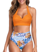 Load image into Gallery viewer, Tempt Me Women's Vintage Swimsuits Orange Blue Floral Retro Halter Ruched High Waist Bikini with Bottom XL