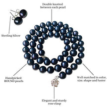 Load image into Gallery viewer, ROUND Black Strand Pearl Necklace Bracelet Stud Earrings 3pc set 18 Inch Princess Length Genuine Cultured Freshwater 7mm 8mm PEARL ROMANCE
