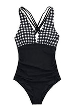 Load image into Gallery viewer, CUPSHE Women's One Piece Swimsuit V Neck Tummy Control Cross Back Vintage Swimwear Bathing Suits White Stripe Floral M