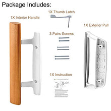 Load image into Gallery viewer, Mortise Style Reversible Sliding Patio Door Handle Set with Oak Wood Interior Handle and Exterior Pull in White Diecast Finish Fits 3-15/16” Screw Hole Spacing, Non-keyed with Latch Locks (White)