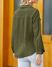 Load image into Gallery viewer, Hotouch Womens V Neck Button Down Blouse Long Sleeve Shirts Summer Gauzy Shirts Plain Tops Military Green S