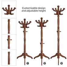 Load image into Gallery viewer, VASAGLE Coat Rack Free Standing with 11 Hooks, Wooden Hall Tree Coat Hat Tree Coat Holder with Solid Rubberwood Base for Coat, Hat, Clothes, Scarves, Handbags, Umbrella, Dark Walnut URCR05WN