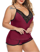 Load image into Gallery viewer, XAKALAKA Women Plus Size Pajamas Cami Shorts Set Nightwear Sexy Lace Lingerie Sleepwear Wine XL