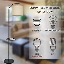 Load image into Gallery viewer, Kira Home York 63" Minimalist Tray LED Floor Lamp (7W LED, Energy Efficient/Eco-Friendly) + Honey Beige Shade - Modern Standing Arc Light with Hanging Lamp Shade, Black Finish