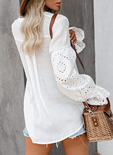 Load image into Gallery viewer, Canikat Women's Cute Fall V Neck Rekindle Eyelet Flowy Bell Long Sleeve Blouses Solid Casual Loose Ruffles Button Down T Shirts Tops White XX-Large