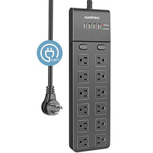 Load image into Gallery viewer, Power Strip Flat Plug, AUOPRO 12 Outlet Surge Protector with 4 USB, Grounded Desktop Extension Cord, 1050J, Dual Switch, Wall Mountable, 9.8 ft Long Cable for Computer Garage Workshop Home Office