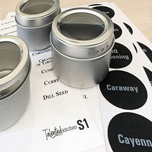 Load image into Gallery viewer, Set of 12 Magnetic Spice Tins with 12 Window-Top Sift and Pour Lids, 269 Preprinted Seasoning Label Stickers in 2 Styles for 3 oz Herb Jars