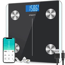 Load image into Gallery viewer, Etekcity Scales for Body Weight, Bathroom Digital Weight and Body Fat Scale for BMI, Rechargeable Smart Bluetooth Body Composition Analyzer, Sync Data with Other Fitness Apps Black 11.8x11.8 Inch