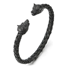 Load image into Gallery viewer, COOLSTEELANDBEYOND Mens Wolf Head Bracelet Steel Braided Cable Bangle Cuff Bracelet Black Polished, Adjustable
