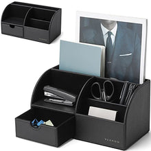 Load image into Gallery viewer, Office Desk Organizer with Drawer, PU Leather Office Supplies Caddy with Pencil Holder and Storage Baskets for Desktop Accessories, 6 Compartments with Drawer, Black