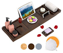 Load image into Gallery viewer, Domax Bathtub Caddy Tray Expandable Bamboo Bath Tub Tray for Luxury Bath with Book Holder and Free Soap Dish Brown