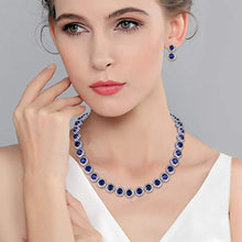 Load image into Gallery viewer, EVER FAITH Silver-Tone Round Cubic Zirconia September Birthstone Row Necklace Earrings Set Blue