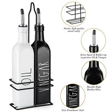 Load image into Gallery viewer, Farmhouse Oil and Vinegar Dispenser Set by Brighter Barns - Black & White Olive Oil Dispenser Bottle with Caddy Holder & Stainless Steel Spout - Cute Modern Vintage Glass Cruet for Kitchen -500ml 17oz