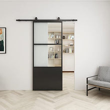 Load image into Gallery viewer, 36"x 84"Metal Glass Sliding Barn Door Panel Heavy Duty Black Carbon Steel Clear Tempered Glass Door Slab with Top Mount Barn Door Hardware Kit Assemble Required(Soft Close Included )