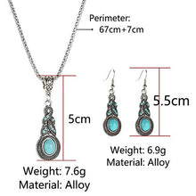 Load image into Gallery viewer, Vitaltyextracts Water Drop Shaped Bohemian National Style Turquoise Alloy Necklace and Earrings Set (Silver)