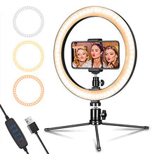 Load image into Gallery viewer, LED Ring Light 10" with Tripod Stand & Phone Holder for Live Streaming & YouTube Video, Dimmable Desk Makeup Ring Light for Photography, Shooting with 3 Light Modes & 10 Brightness Level