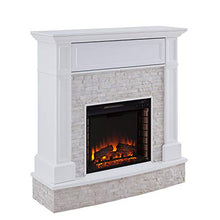 Load image into Gallery viewer, SEI Furniture Jacksdale Faux Stone Accent Electric Hidden Media Shelf Fireplace, White
