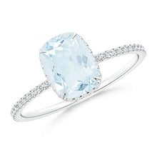 Load image into Gallery viewer, Thin Shank Cushion Cut Aquamarine Ring With Diamond Accents in 14K White Gold (8x6mm Aquamarine)