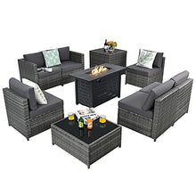 Load image into Gallery viewer, Tangkula 9 Pieces Patio Rattan Furniture Set, Patiojoy Sectional Sofa Set w/Fire Pit Table, Storage Box, Coffee Table, Outdoor Wicker Conversation Set w/ 42” Propane Fire Pit Table (Grey)