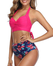 Load image into Gallery viewer, Tempt Me Women's Vintage Swimsuits Rose Red Retro Halter Ruched High Waist Bikini with Bottom M