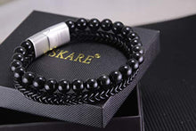 Load image into Gallery viewer, HASKARE Mens Bead Leather Bracelet, Tiger Eye Black Obsidian Braided Genuine Leather Beads Bracelet with 316L Stainless Steel Magnetic Closure for Men