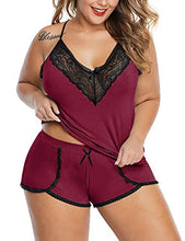 Load image into Gallery viewer, XAKALAKA Women Plus Size Pajamas Cami Shorts Set Nightwear Sexy Lace Lingerie Sleepwear Wine XL