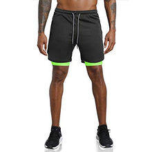 Load image into Gallery viewer, Leidowei Men's 2 in 1 Workout Running Shorts Lightweight Training Yoga Gym 7" Short with Zipper Pockets Black Fluorescent 2XL