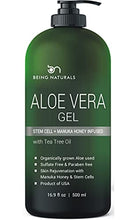 Load image into Gallery viewer, Aloe vera Gel - from 100% Pure Organic Aloe Infused with Manuka Honey, Stem Cell, Tea Tree Oil - Natural Raw Moisturizer for Face, Body, Hair. Perfect for Sunburn, Acne, Razor Bumps 16.9 fl oz