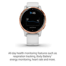 Load image into Gallery viewer, Garmin vivoactive 4S, Smaller-Sized GPS Smartwatch, Features Music, Body Energy Monitoring, Animated Workouts, Pulse Ox Sensors And More, Rose Gold With White Band