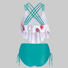 Load image into Gallery viewer, Youmymine Women Strappy Padded Swim Top Overlay Flounce Crisscross Tankini Feather Print Swimsuits (XXL, Green-A)