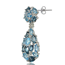 Load image into Gallery viewer, Sterling Silver London Blue, Swiss Blue and White Topaz Cluster Tonal Teardrop Dangle Earrings