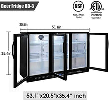 Load image into Gallery viewer, Beer Back Bar Cooler 3 Glass Door (Swing or Sliding Door -Customizable) 53" Width Beer Fridge NSF Certified Beverage Refrigerator 11.8 cu.ft Under Counter Height 35°-46°F Black bb3dup