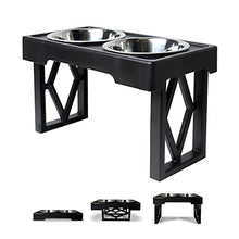 Load image into Gallery viewer, Pet Zone Designer Diner Adjustable Elevated Dog Bowls - Adjusts to 3 Heights, 2.75”, 8", & 12'' (Raised Dog Dish with Double Stainless Steel Bowls) Black