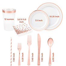Load image into Gallery viewer, SIRSIMON 250 Piece Disposable Rose Gold Plastic Dinnerware Set - 50 Rose Gold Plastic Plates - 25 Rose Gold Plastic Silverware - 25 RoseGold Cups and Straws - 50 Fancy Napkins, Wedding or Party of 25