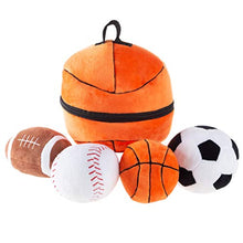 Load image into Gallery viewer, Hey! Play! My First Sports Bag Playset- Plush Soccer, Baseball, Basketball & Football for Babies, Infants & Toddlers- Gift Set with Storage Bag