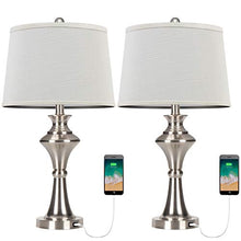 Load image into Gallery viewer, Oneach Modern USB Table Lamps Set of 2 for Living Room Bedroom Brushed Nickel Bedside Nightstand Lamps with Fabric Lampshade