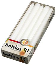 Load image into Gallery viewer, BOLSIUS Long Household White Taper Candles - 10-inch Unscented Premium Quality Wax - 7.5 Hour Long Burning Dripless Candles Bulk Pack of 10 for Home Decor, Wedding, Parties and Special Occasions