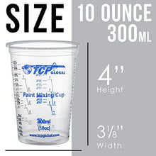 Load image into Gallery viewer, TCP Global 10 Ounce (300ml) Disposable Flexible Clear Graduated Plastic Mixing Cups - Box of 100 Cups & 50 Mixing Sticks - Use for Paint, Resin, Epoxy, Art, Kitchen - Measuring Ratios 2-1, 3-1, 4-1 ML