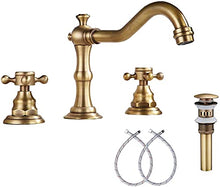 Load image into Gallery viewer, GGStudy 8 inch 2 Handles 3 Holes Widespread Bathroom Sink Faucet Antique Brass Bathroom Vanity Faucet Basin Mixer Tap Faucet Matching Metal Pop Up Drain with Overflow