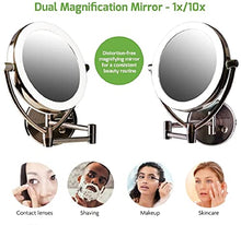 Load image into Gallery viewer, Ovente 7.5" Lighted Wall Mount Makeup Mirror, 1X & 10X Magnifier, Spinning Double Sided Round LED w/ Dimmer Switch, Extend, Retractable & Folding Arm, Battery USB Powered Antique Brass MLW75AB1X10X