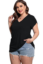 Load image into Gallery viewer, CARROTMOB Womens Summer Plus Size Tops Petal Sleeve Casual V Neck T Shirts Black 2X