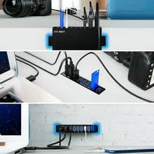 Load image into Gallery viewer, USB 3.0 Hub - 7 Port Powered USB Hub Splitter - High-Speed Data Transfer - Aluminium Alloy USB Hub with 12V/3A/36W Power Adapter, LEDs and Mounting Brackets - Black