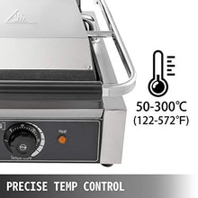 Load image into Gallery viewer, Happybuy 110V Commercial Sandwich Panini Press Grill 2X1800W Temperature Control 122°F-572°F Commercial Panini Grill Non Stick Surface for Hamburgers Steaks Bacons (Up Grooved and Down Flat Plates)