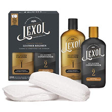 Load image into Gallery viewer, Lexol Leather Conditioner and Leather Cleaner Kit, Use on Car Leather, Furniture, Shoes, Bags, and Accessories, Trusted Leather Care Since 1933, 8 oz Bottles, Includes Two Application Sponges, Black.