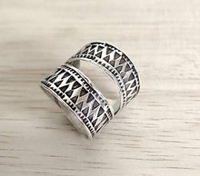 Load image into Gallery viewer, Sterling Silver Ethnic Boho Wide Band Ring, Handmade Tribal Gypsy Adjustable wrap around ring With Geometric Engraving, fit as Thumb Ring, Gift for Her