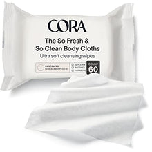 Load image into Gallery viewer, Cora Body Cloths | Cleansing Wipes | Unscented | All Over Refresh | Intimate Areas | Moisturizing and Hydrating | pH Balance | Soothing Aloe | Pouch | Packaging May Vary (60 Count)
